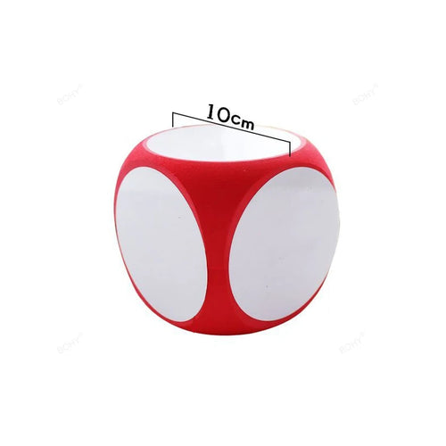 Blank Dice Write-On Cube featuring a 10cm red and white customizable die with smooth, writable surfaces on all sides. The cube displays a clean, modern design with white panels bordered by red edges, ideal for creative customization and gaming purposes.