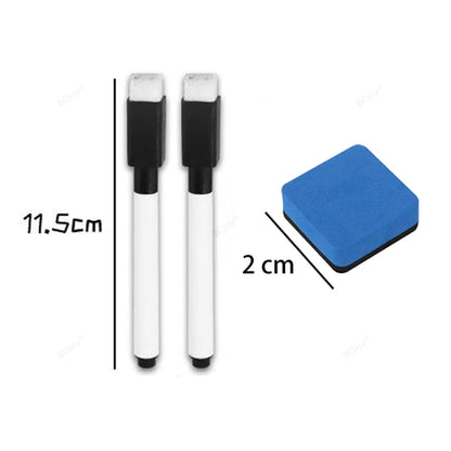 Blank Dice Write-On Cube set featuring two white dry-erase markers measuring 11.5cm in length with black caps, alongside a square blue eraser measuring 2cm. Perfect for customizing blank dice with numbers, symbols, or text.