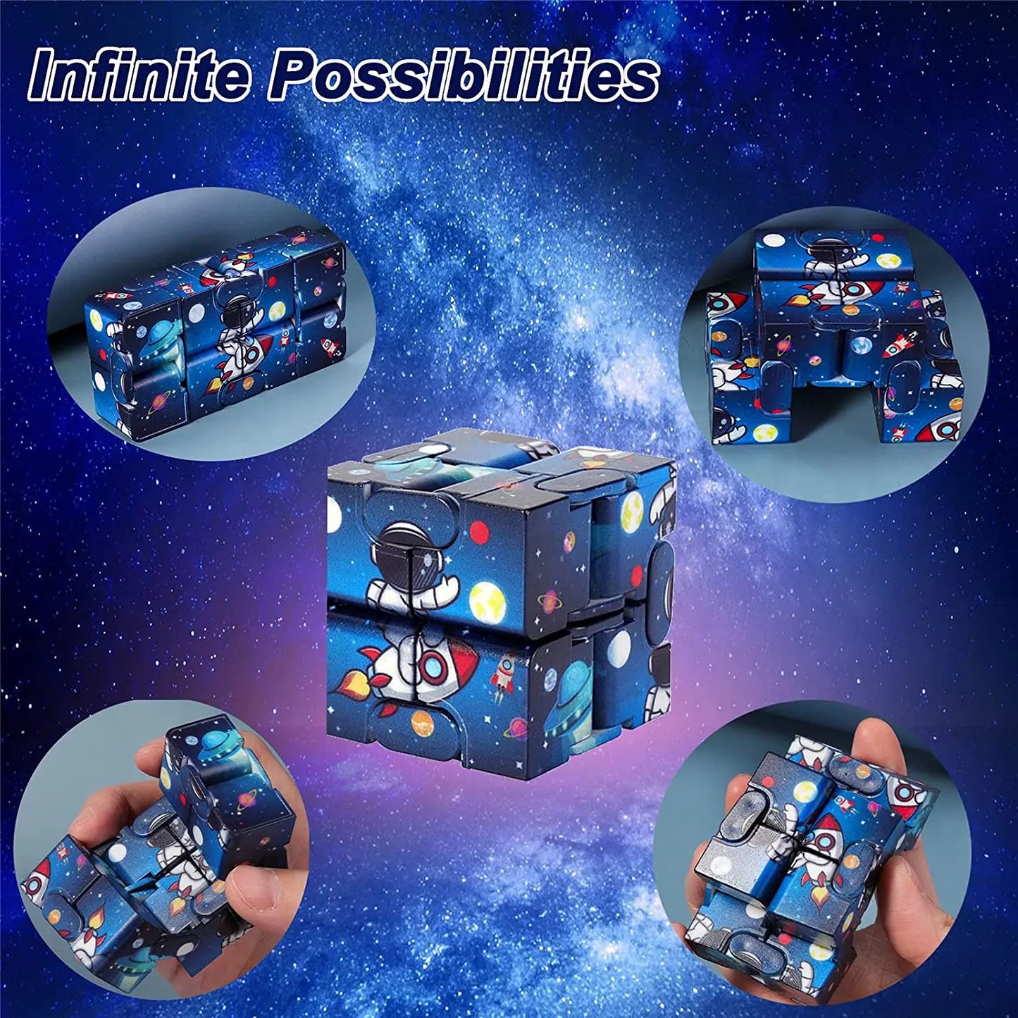 Infinity Magic Cube displayed in space-themed design with galaxy background, showing multiple angles of the blue cosmic-patterned cube in use. Central image features the assembled cube with surrounding circular detail shots demonstrating its folding capabilities against a starry nebula backdrop.