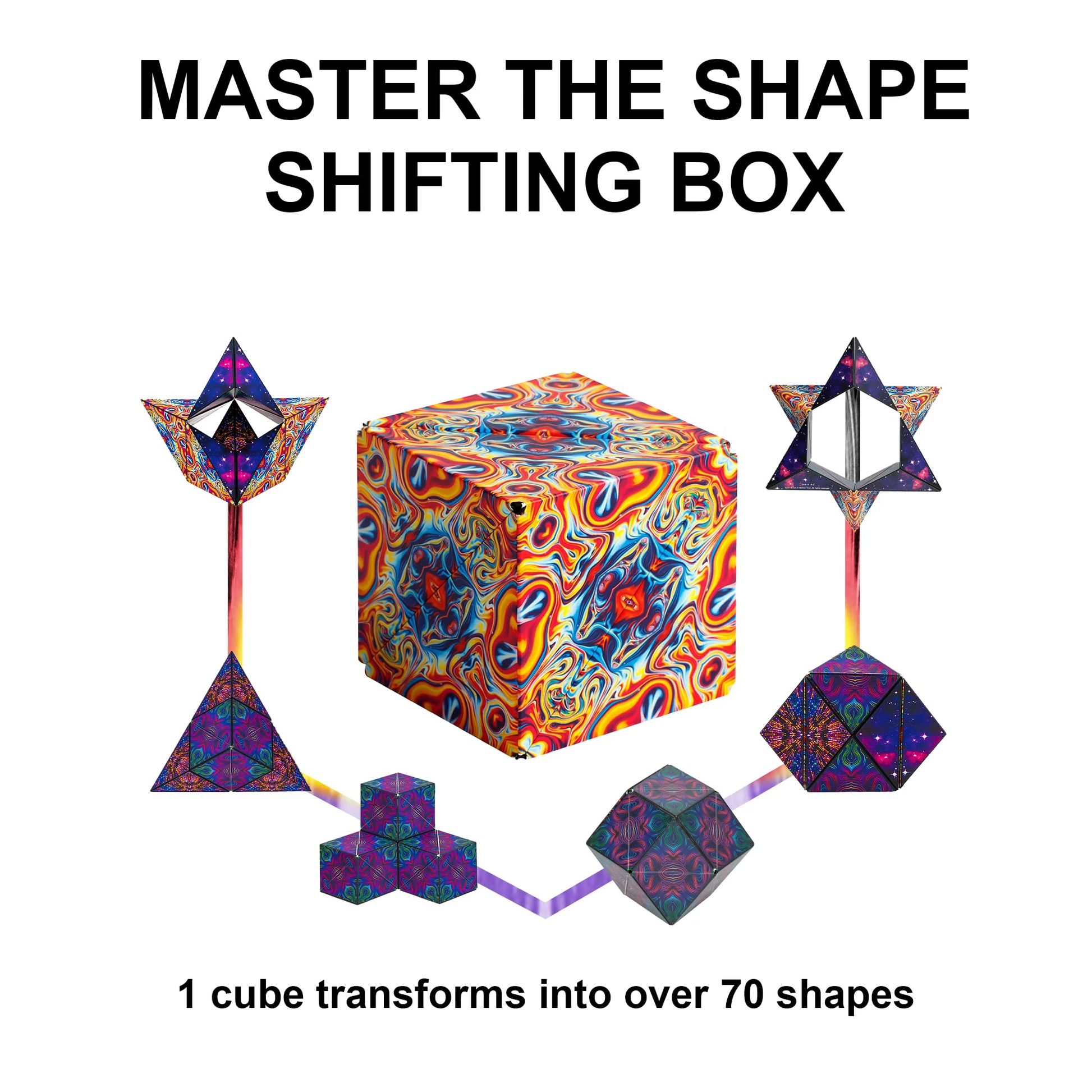 Magnetic Magic Cube Puzzle Cube featuring colorful geometric patterns transforming into multiple shapes. Center shows vibrant orange and blue swirled cube, surrounded by purple geometric transformations demonstrating 70+ possible configurations on white background.