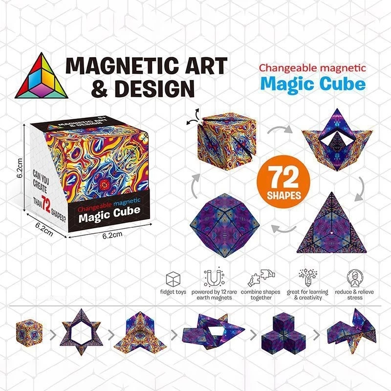 Magnetic Magic Cube Puzzle Cube transforms into 72 different shapes with vibrant artistic patterns. Product packaging and transformation steps shown on geometric background, featuring colorful cube configurations including triangle, star, and diamond formations.