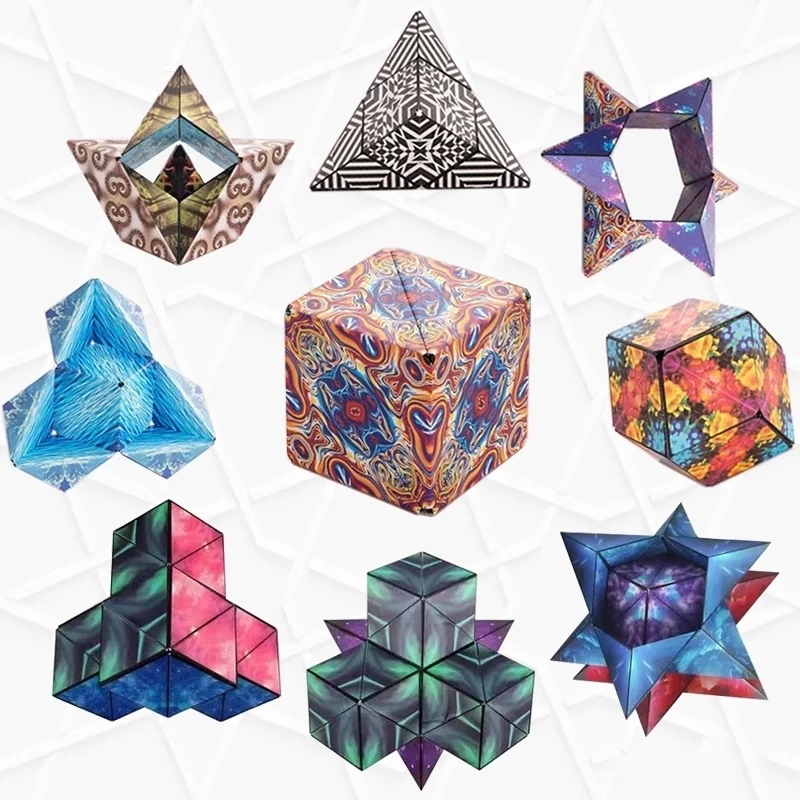 Magnetic Magic Cube Puzzle Cube displayed in various geometric transformations showing different artistic patterns including galaxy, flame, and aquarelle designs in vibrant colors of blue, pink, purple and red, demonstrating its shape-shifting capabilities and multiple configurations.