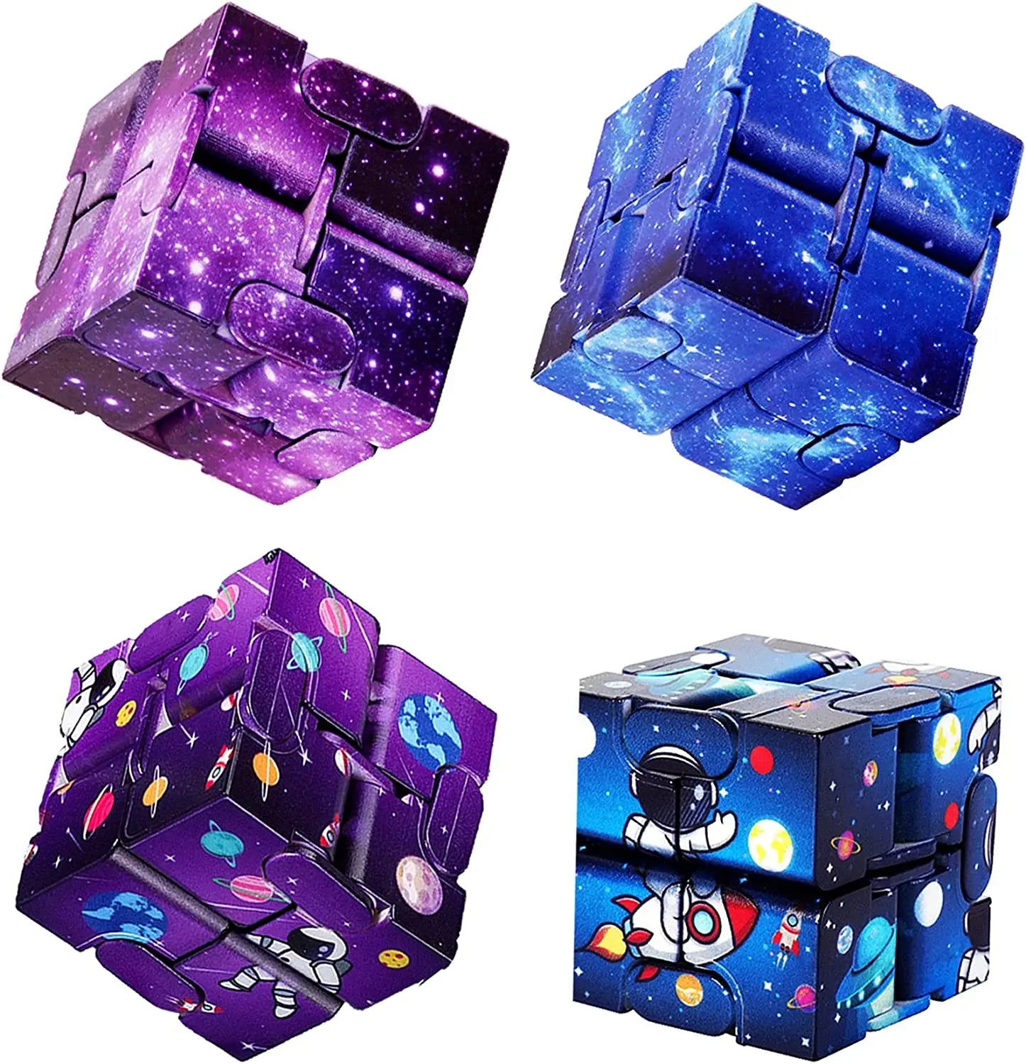 Infinity Magic Cube featuring cosmic galaxy designs in purple and blue, displaying space-themed patterns with stars, planets, and astronaut motifs. Four different cubes showcasing seamless infinite folding capabilities with stellar artwork and vibrant celestial details.