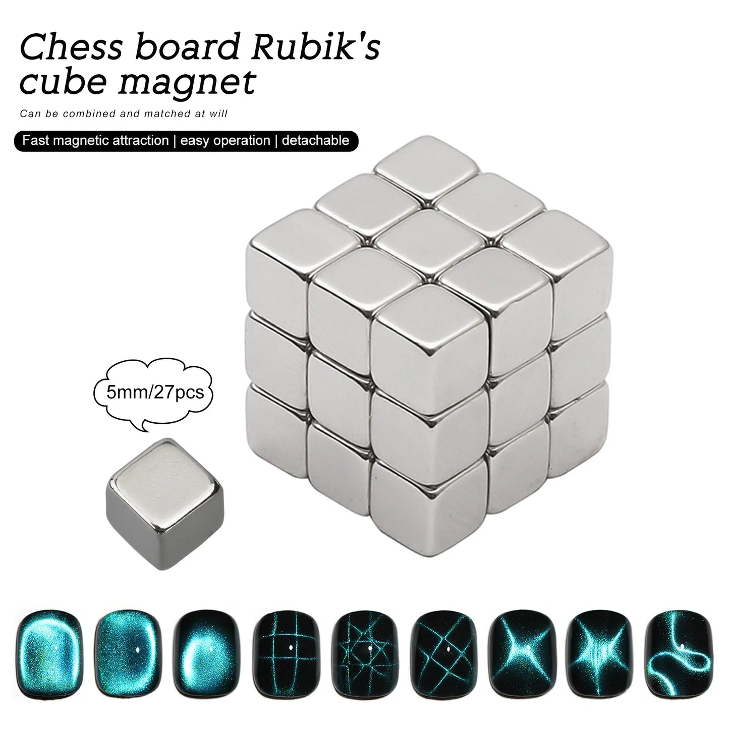 A silver magnetic cube composed of 27 detachable metallic blocks is displayed against a white background. The text at the top reads "Chess board Rubik's cube magnet" with a description mentioning "Fast magnetic attraction, easy operation, detachable." A small inset shows a single cube piece labeled "5mm/27pcs." Below the cube, a row of glossy black nail designs with glowing blue patterns is displayed, highlighting a futuristic aesthetic.