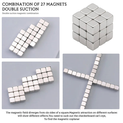 A set of 27 silver magnetic blocks arranged in different formations, demonstrating their strong magnetic attraction and versatility. The top right image showcases a fully assembled cube, while the other three images display various configurations, including a cross shape and flat layouts. The text at the top reads "Combination of 27 Magnets, Double Suction," emphasizing the product's dual-sided magnetic capabilities. A description at the bottom explains how the magnetic field diverges from six sides