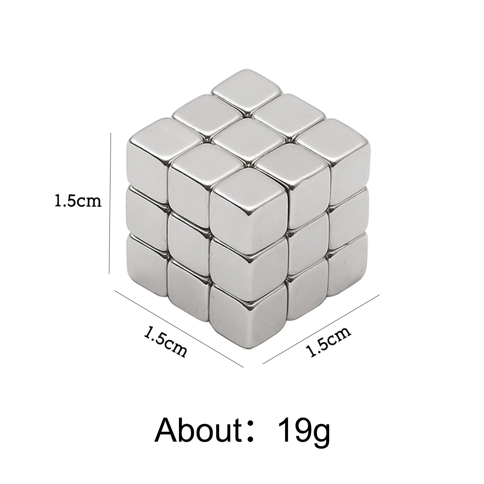 A compact silver magnetic cube measuring 1.5 cm on each side is displayed against a white background. The weight is indicated as approximately 19 grams. The cube is made of small metallic magnetic blocks, showcasing its precise dimensions and portability.